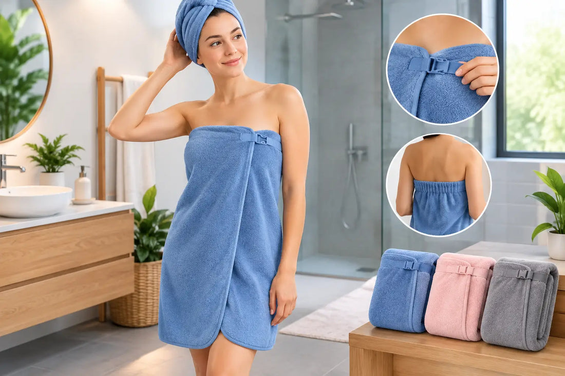 Serviette bain ajustable, le confort mains libres