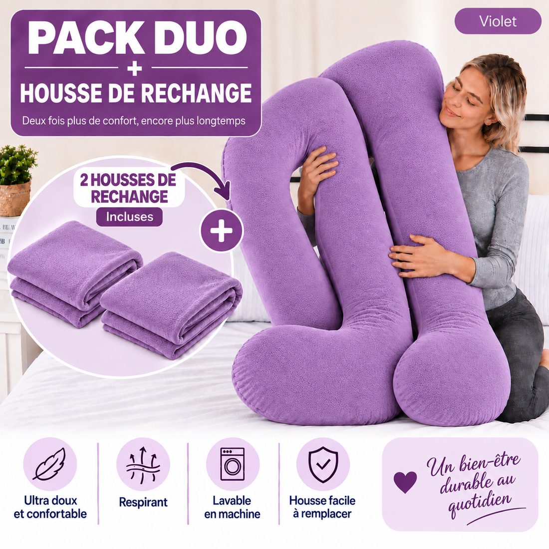 Pack duo coussins ergonomiques + housses de rechange